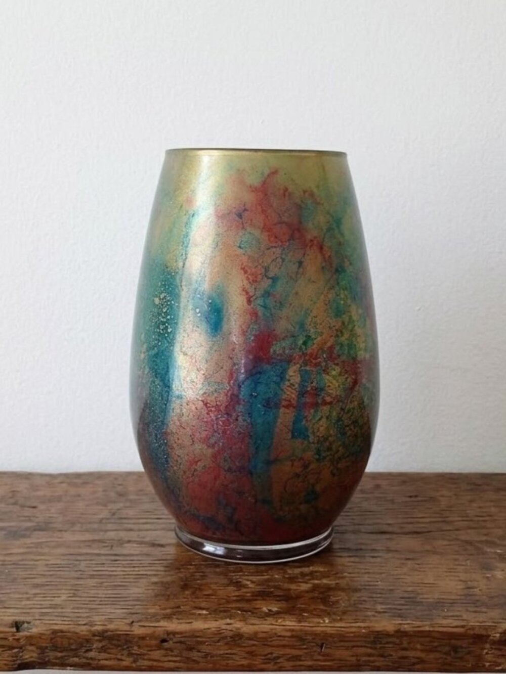 Vintage Hand Painted Art Glass Vase Abstract Swirl Green Red Gold Colorful Decor